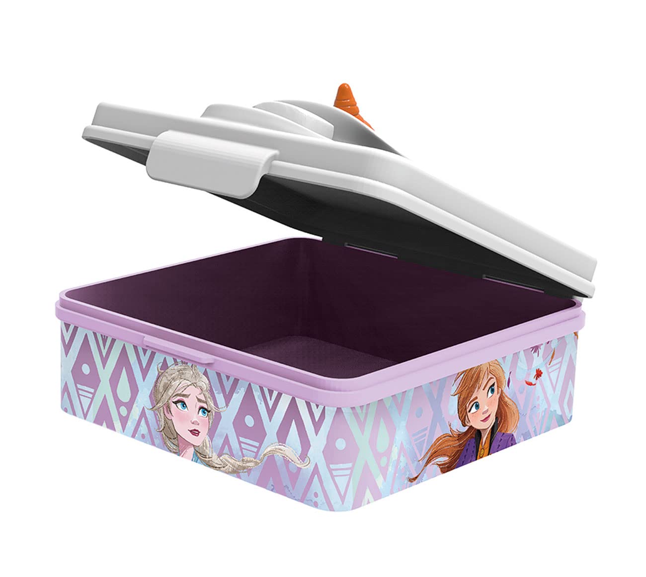 Fiambrera Infantil Frozen cu design 3D de Olaf pe capac, Cutie de Prânz din plastic cu un compartiment și închidere cu clip, dimensiuni aproximative 15 x 14 x 8 cm, culoare Roz-Alb (33873)