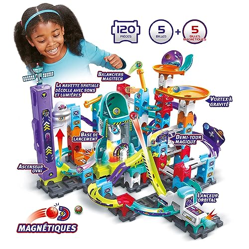 VTech - Marble Rush, Pista cu bile electronice, Set misiune magnetică spațială XL300E, joc magnetic, 120 piese, 10 bile, cadou pentru copii de la 4 ani – conținut în limba franceză