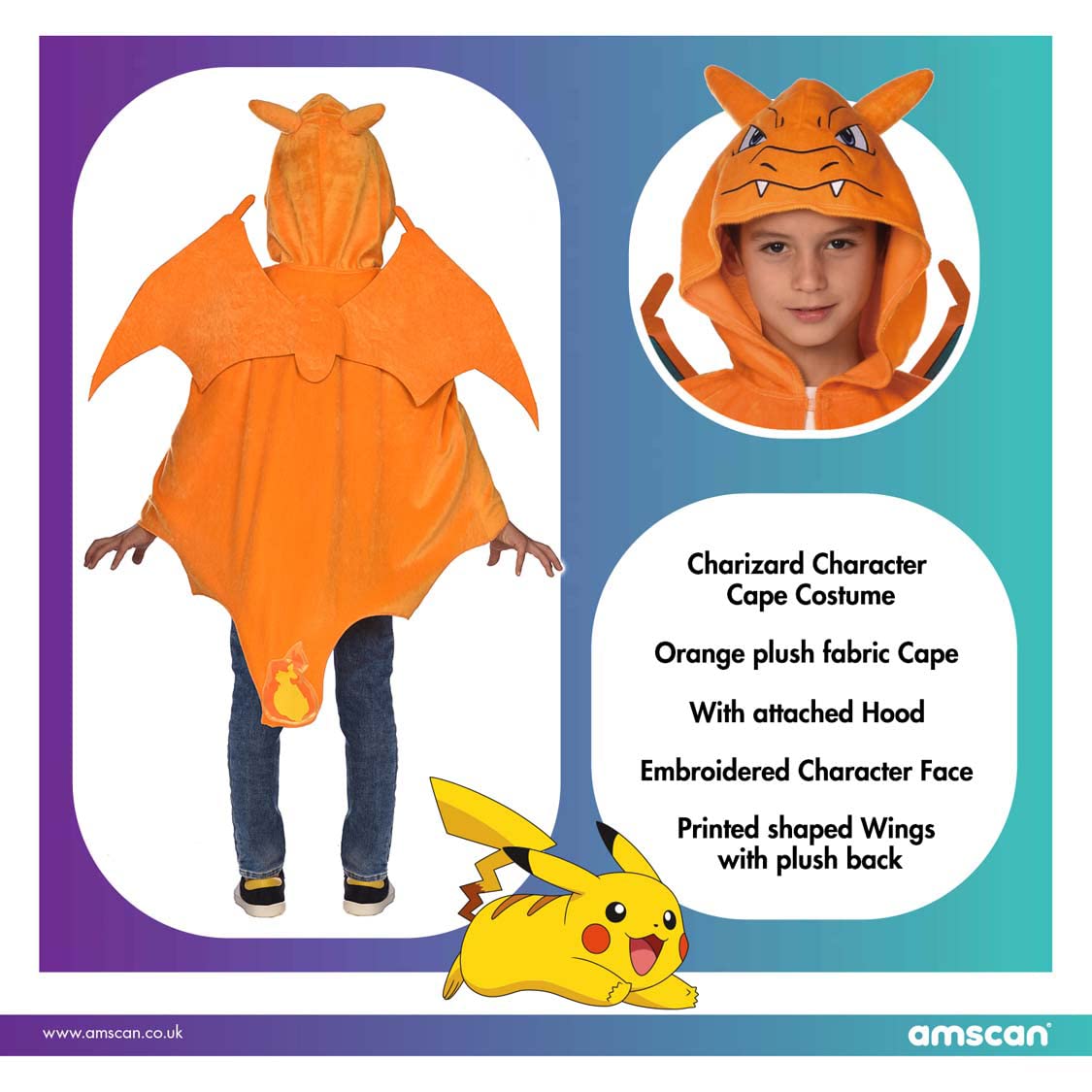 Amscan - Costum pentru copii Glurak, Pelerină din pluș cu glugă, Pokemon, Petrecere tematică, Carnaval