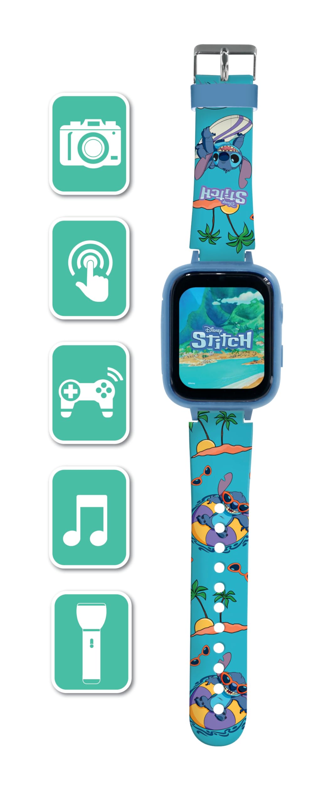 Ceas cu cameră selfie Disney Stitch Lexibook DMW070D, touchscreen HD, cameră 720p, player MP3, difuzor integrat, dictafon, pedometru, 5 jocuri, albastru.