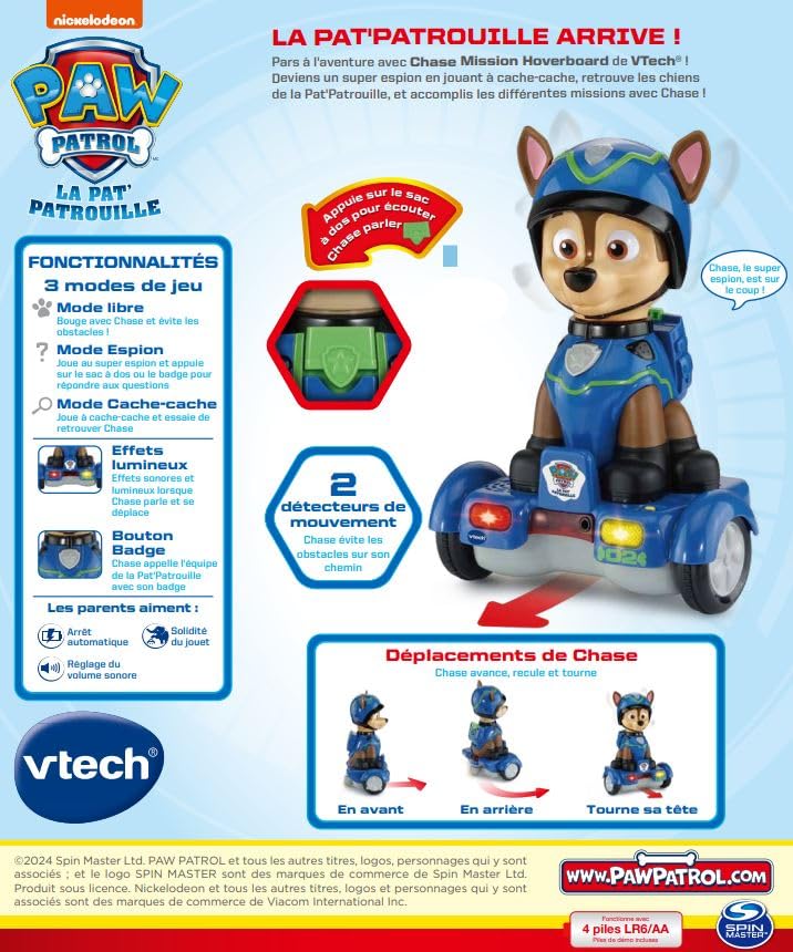 VTech - Hoverboard-ul lui Chase din Paw Patrol, figurina interactivă de 26 cm, jucărie electronică cu sunete și lumini, cadou pentru copii de 2-6 ani.