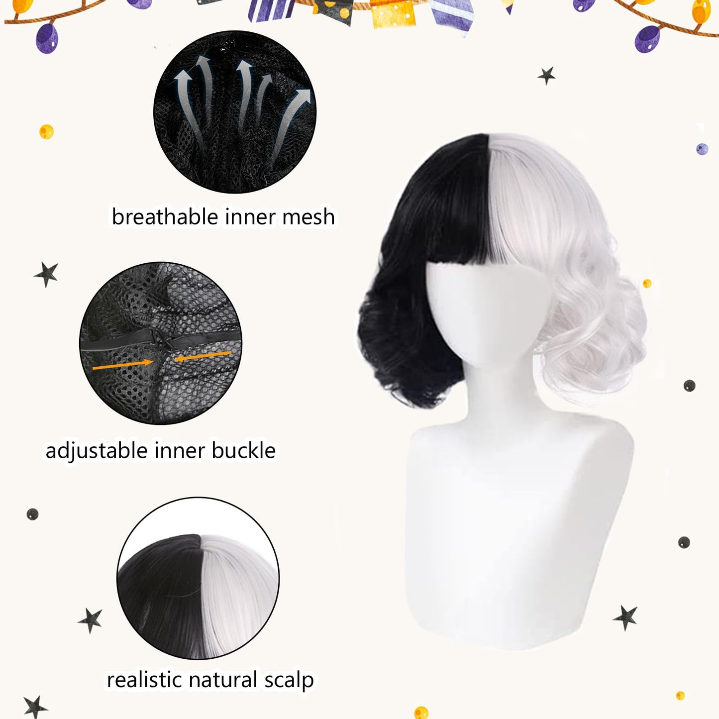 Peruca Cruella Deville pentru copii - jumătate neagră, jumătate albă, scurtă, cu agrafă, ideală pentru cosplay, Halloween, carnaval și petreceri tematice.