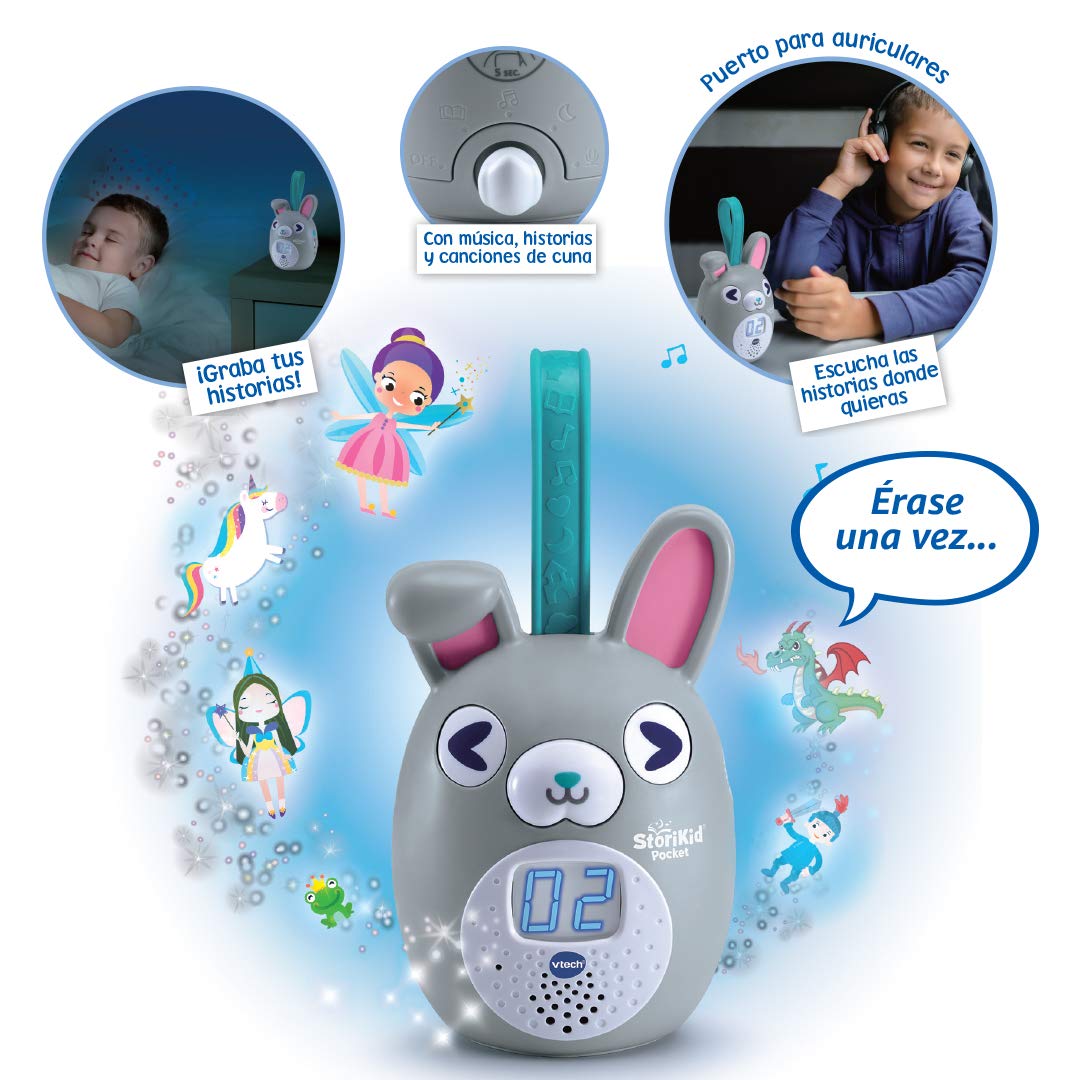 VTech StoriKid Pocket - Povestitor pentru copii, jucărie portabilă pentru bebeluși de la 6 luni, salvează povești, timer, versiune ESP, gri