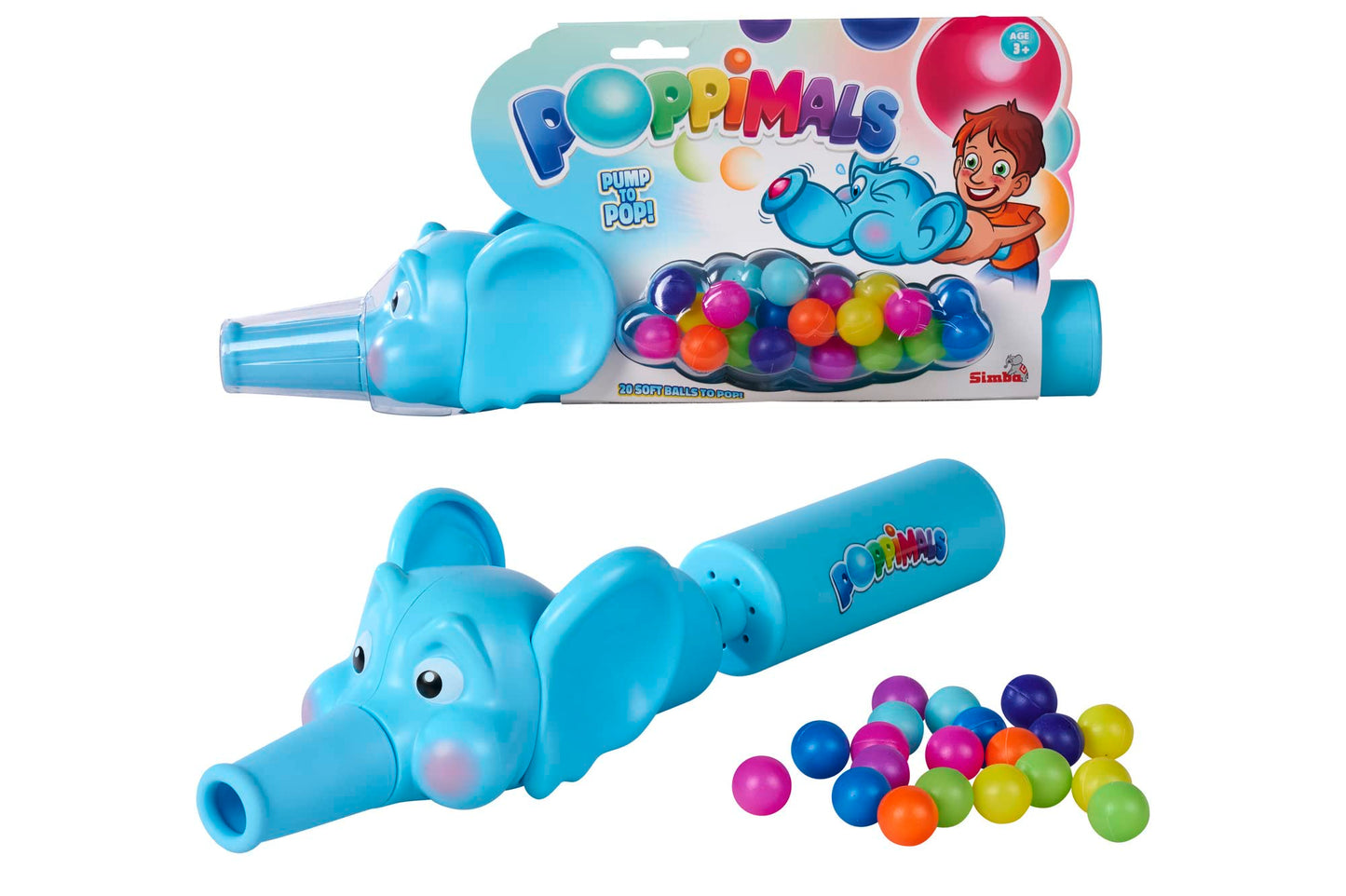 Poppimals Elefant Ballkanone (35 cm) - jucărie amuzantă pentru copii de la 3 ani, cu 20 de mingi colorate și mecanism de pompare.
