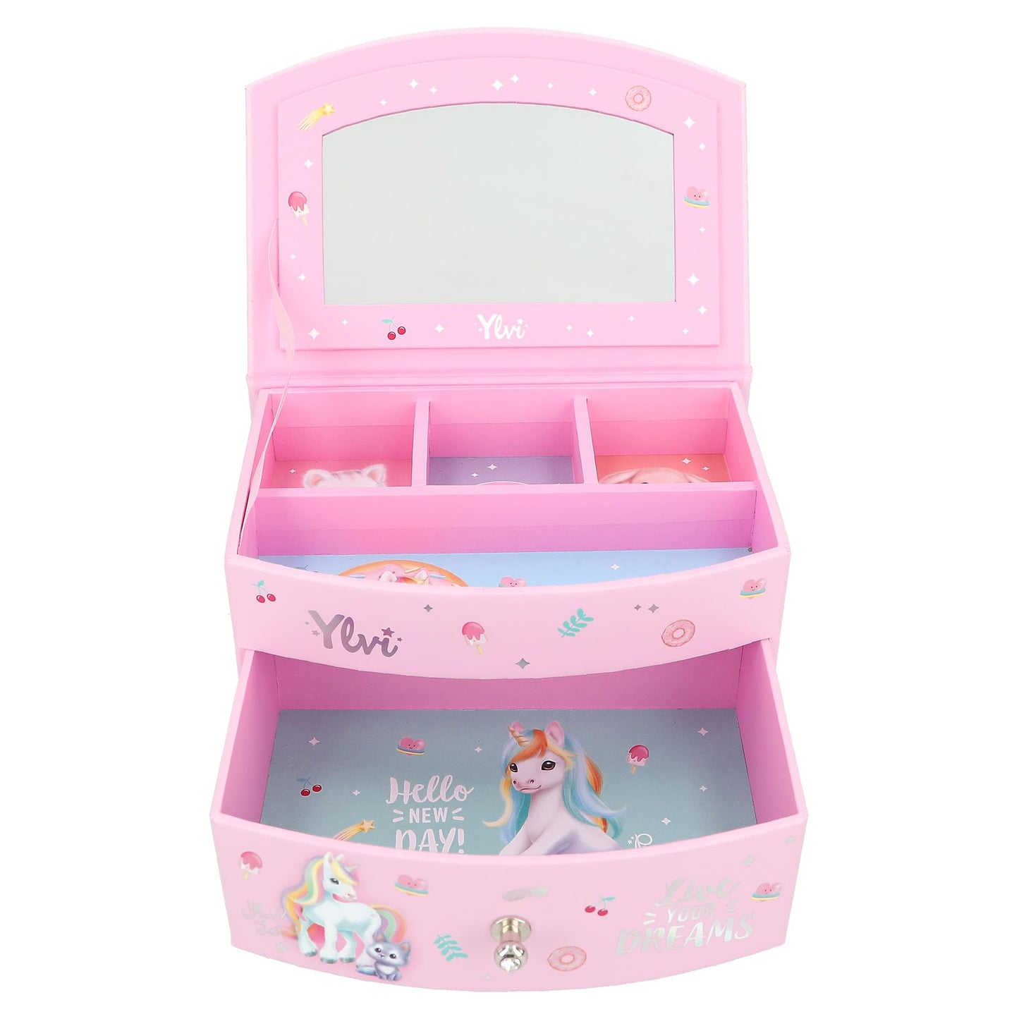 Depesche 13203 Ylvi - Cutie mică pentru bijuterii roz, cu motiv de unicorn și model, cutie de bijuterii cu capac pliabil și oglindă