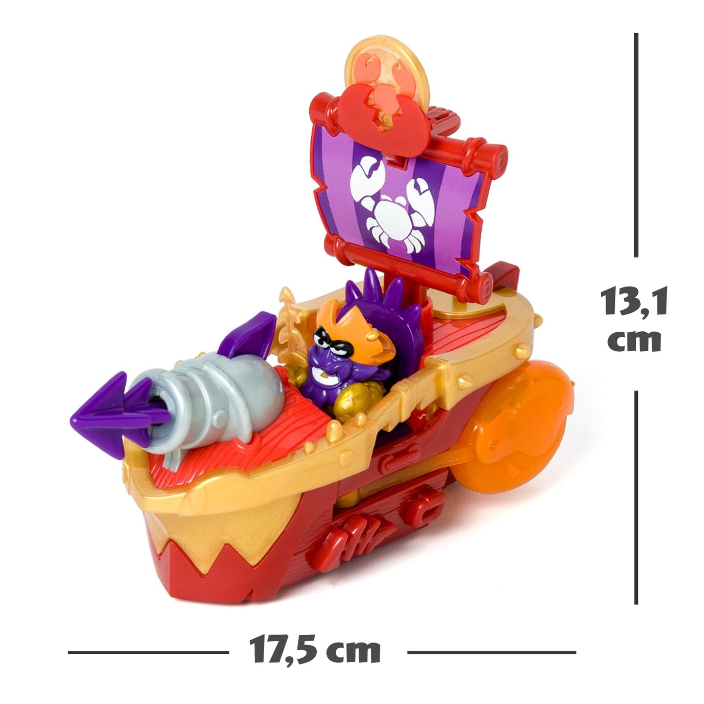 LUMEA AVENTURILOR PIRATIX - Distrugătorul Mării – Barcă Pirat în Formă de Crab. Include 1 Barcă Pirat, 1 Piratix Exclusiv, 1 Comoară Exclusivă, 1 Accesoriu, 1 Tun și 1 Proiectil.