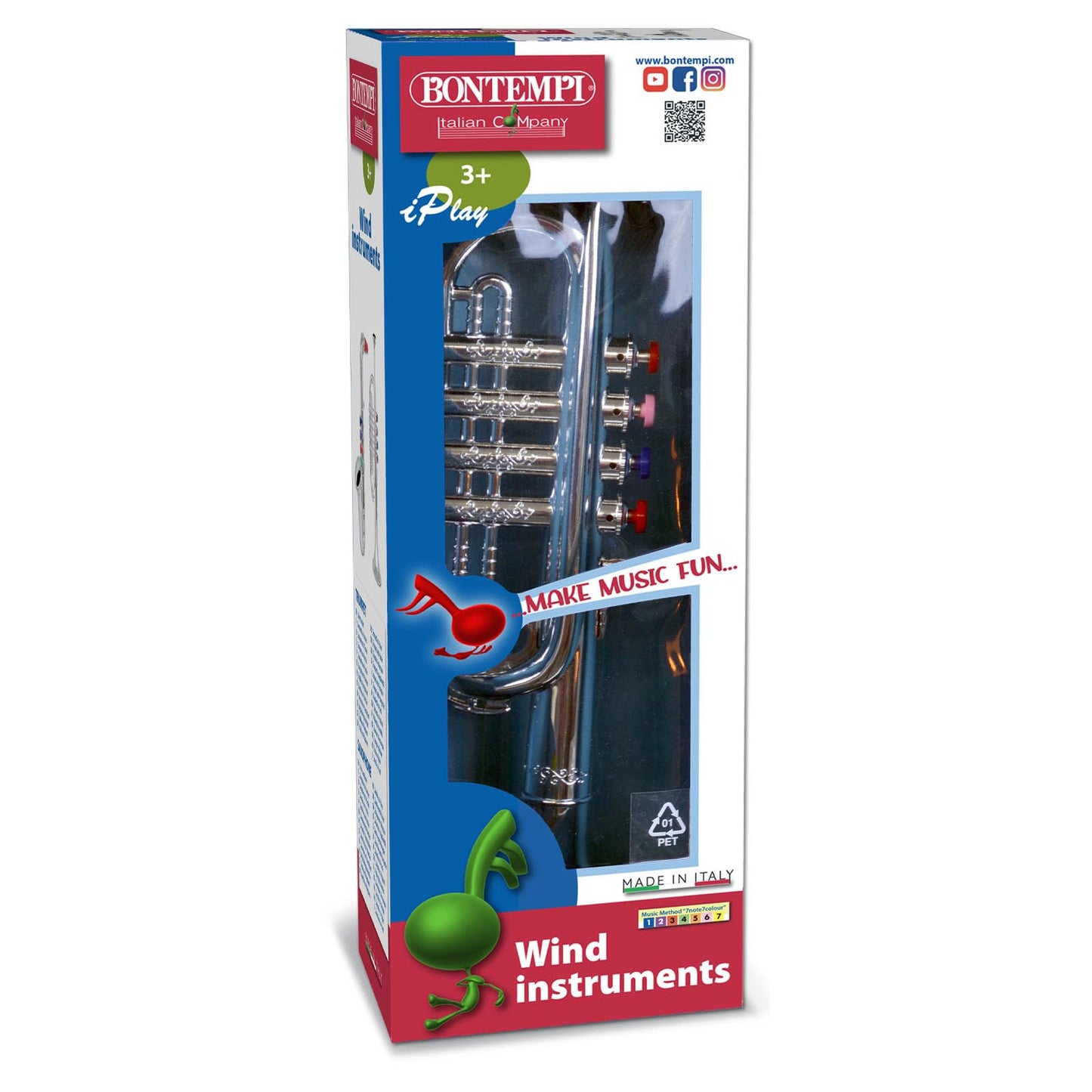 Trompetă jucarie Bontempi 32 3831 cu 4 valve colorate/partituri, Multicolor