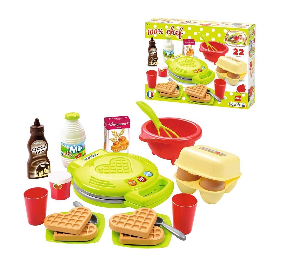 Set de Waffle Ecoiffier 22 piese cu alimente de jucărie, accesorii ideale pentru bucătării de joacă, aparat de făcut waffles, pentru copii de la 18 luni, verde