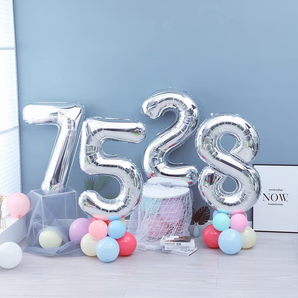 Balonii cu numere Ponmoo 25/52 Argintii, Răsuciti 0-100, Folienballons pentru Nuntă, Aniversare, Petrecere de Naștere