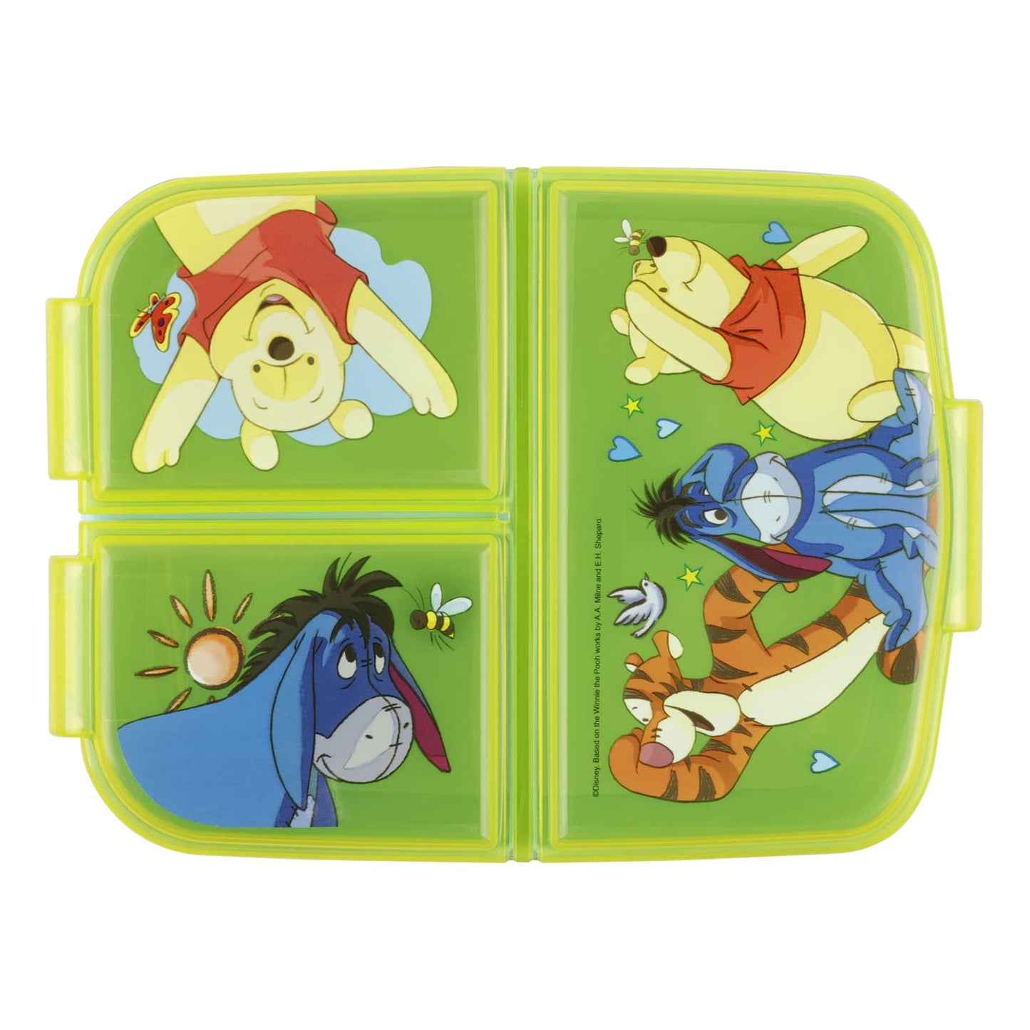Cutie pentru prânz Winnie Pooh pentru copii cu 3 compartimente, din plastic cu închideri tip clip, ideală pentru grădiniță, școală și timp liber.