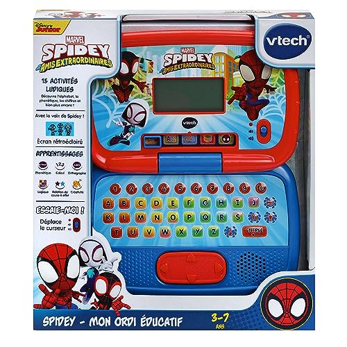 VTech Disney Junior Spidey, computer de învățare pentru copii cu iluminare de fundal, 15 activități și jocuri educaționale, cadou pentru copii de 3-7 ani – conținut în limba franceză