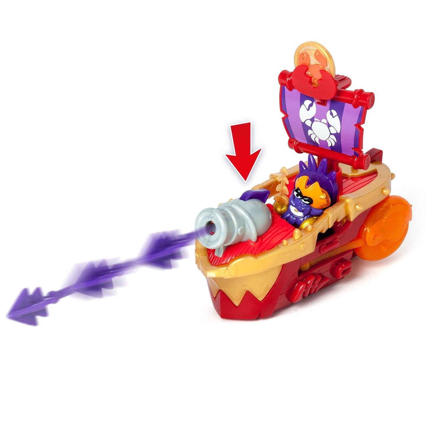 LUMEA AVENTURILOR PIRATIX - Distrugătorul Mării – Barcă Pirat în Formă de Crab. Include 1 Barcă Pirat, 1 Piratix Exclusiv, 1 Comoară Exclusivă, 1 Accesoriu, 1 Tun și 1 Proiectil.