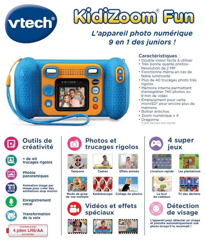 VTech Kidizoom Fun Albastru, Cameră Digitală pentru Copii cu Ecran, Videoclipuri, Efecte Speciale, Siguranță pentru Copii – 3-10 Ani – Versiunea FR