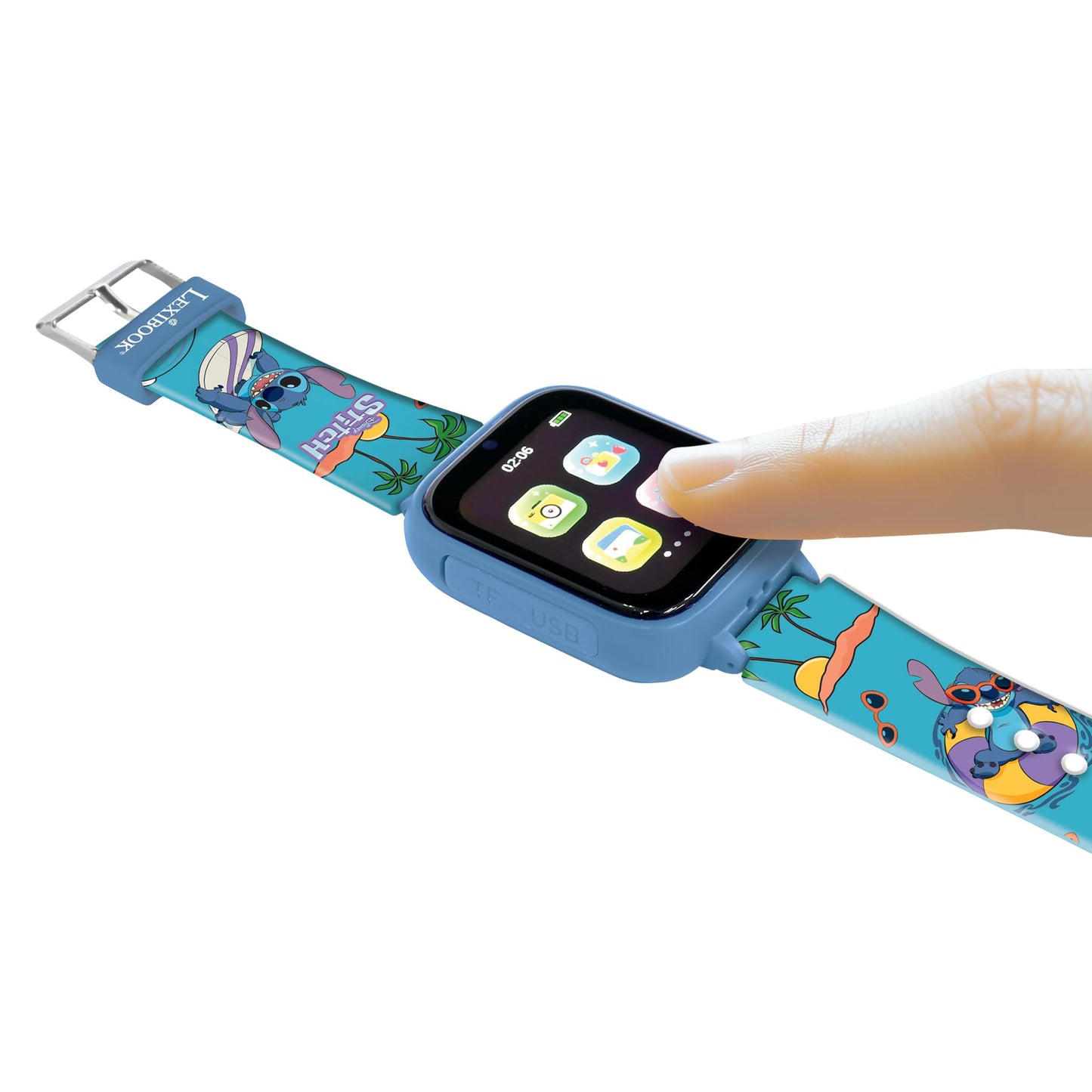 Ceas cu cameră selfie Disney Stitch Lexibook DMW070D, touchscreen HD, cameră 720p, player MP3, difuzor integrat, dictafon, pedometru, 5 jocuri, albastru.