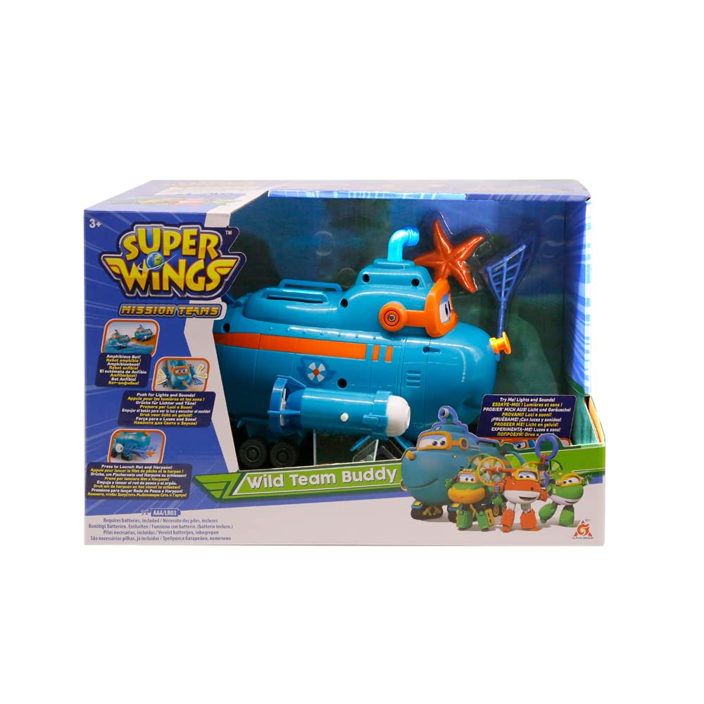 Super Wings EU730809 - Vehicul Transformabil Wild Team Buddy, figură de joc de aproximativ 22 cm pentru copii, jucărie de baie și apă, cu funcții, rezistentă la apă.