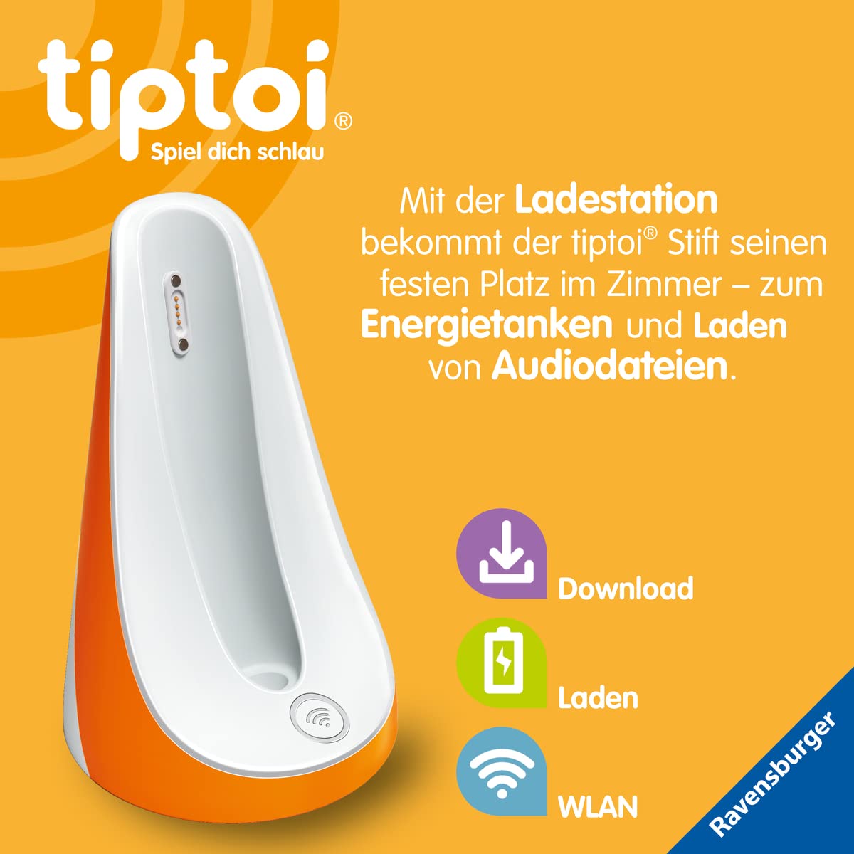 Ravensburger tiptoi Ladestation 00111 - Încărcător pentru acumulator și fișiere audio, stație de încărcare pentru stiloul tiptoi, accesorii tiptoi