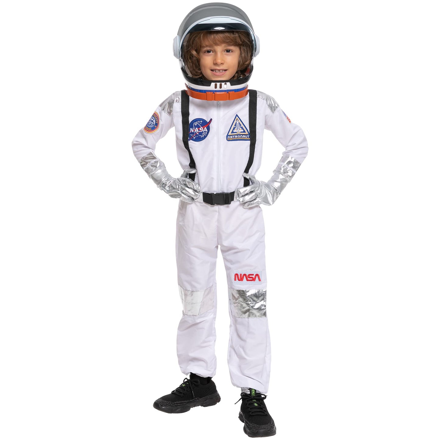 Costum Astronaut Halloween cu Dungi Argintii pentru copii, Marime 3-4 ani - Jumpsuit Pilot cu Casca