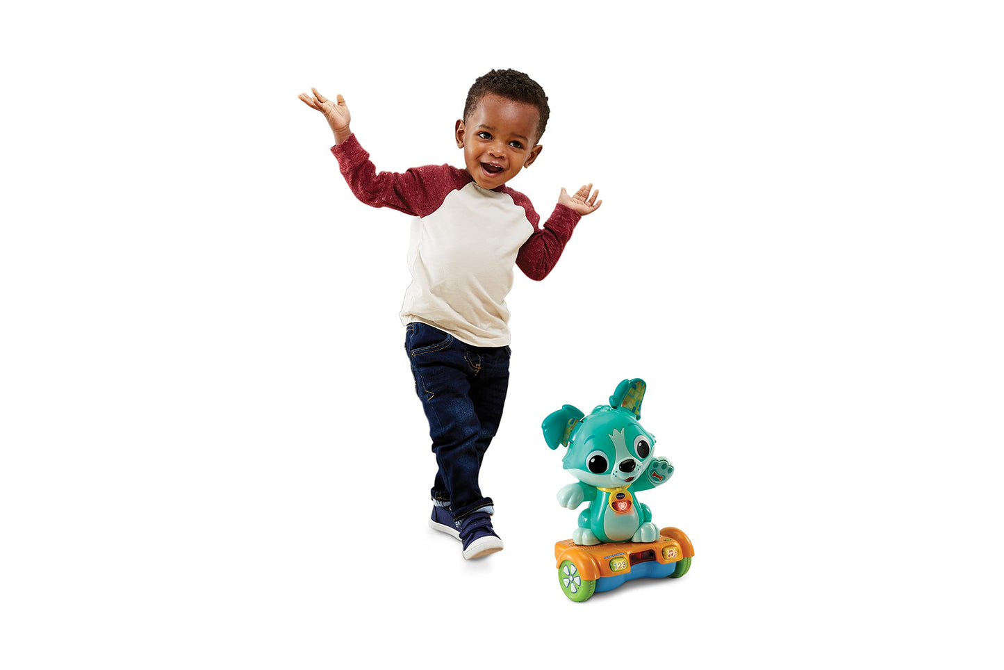 VTech Baby Câine Fang-mich – Hoverboard animat pentru mișcare – Cu urechi care se mișcă, melodii, sunete și conținut educativ – Pentru copii de 12-36 luni