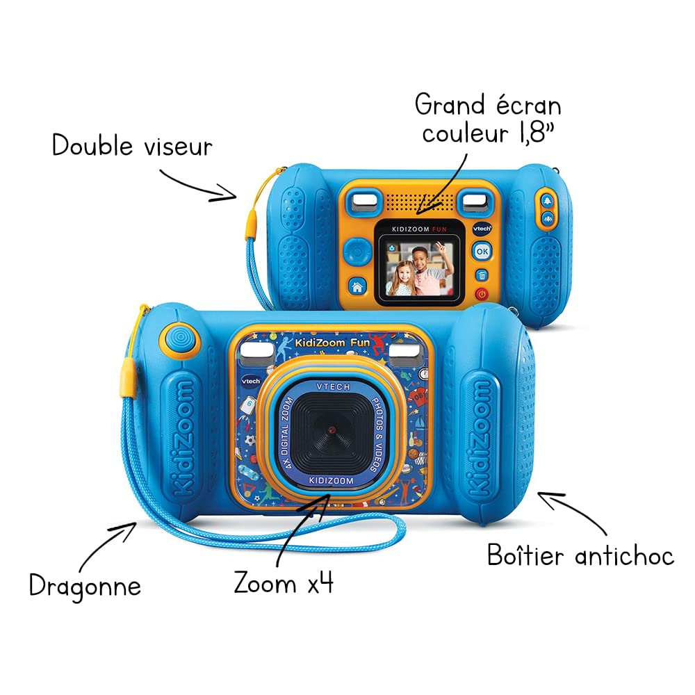 VTech Kidizoom Fun Albastru, Cameră Digitală pentru Copii cu Ecran, Videoclipuri, Efecte Speciale, Siguranță pentru Copii – 3-10 Ani – Versiunea FR