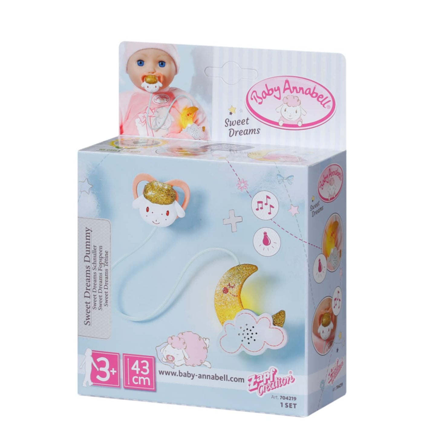 Baby Annabell Sweet Dreams, suzetă cu funcție de lumină și sunet, alb și auriu, 704219 Zapf Creation