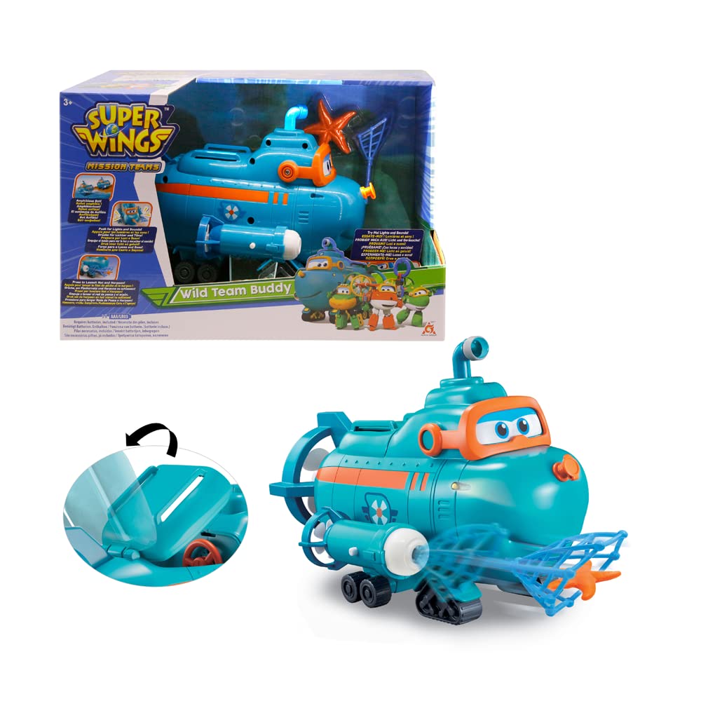 Super Wings EU730809 - Vehicul Transformabil Wild Team Buddy, figură de joc de aproximativ 22 cm pentru copii, jucărie de baie și apă, cu funcții, rezistentă la apă.