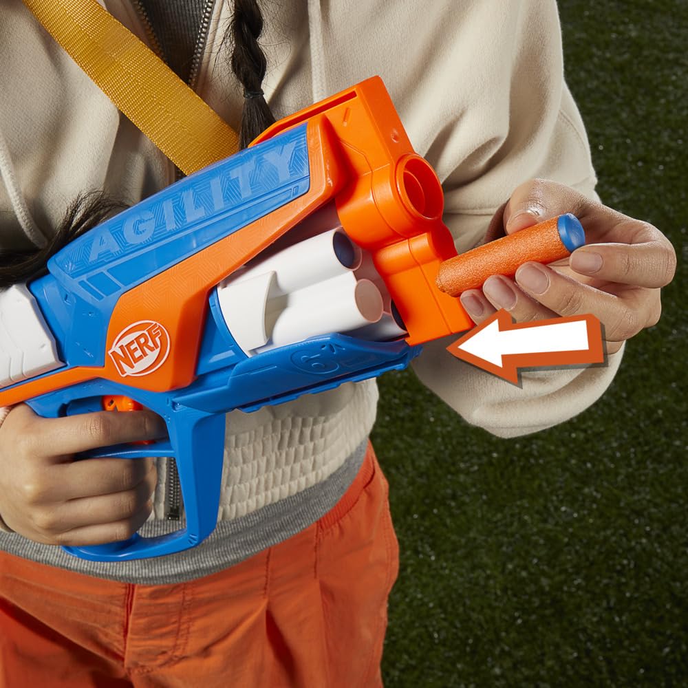 Blaster Nerf N Series Agility, construcție ușoară cu tambur rotativ și glisieră pentru o rază lungă de acțiune, 12 săgeți Nerf, pentru băieți și fete.