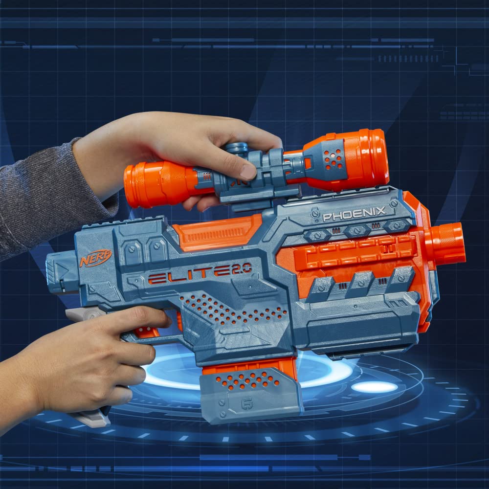 Blaster Nerf Elite 2.0 Phoenix CS-6 cu motor, 12 săgeți Nerf, lunetă, magazie cu clip, opțiuni de extindere