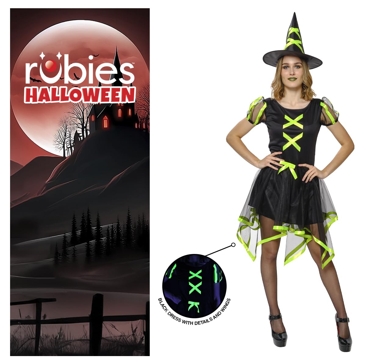 Costum de vrăjitoare Cuca Neon pentru femei, rochie și pălărie, culoare verde, oficial Rubies pentru Halloween, carnaval, petreceri și cosplay.