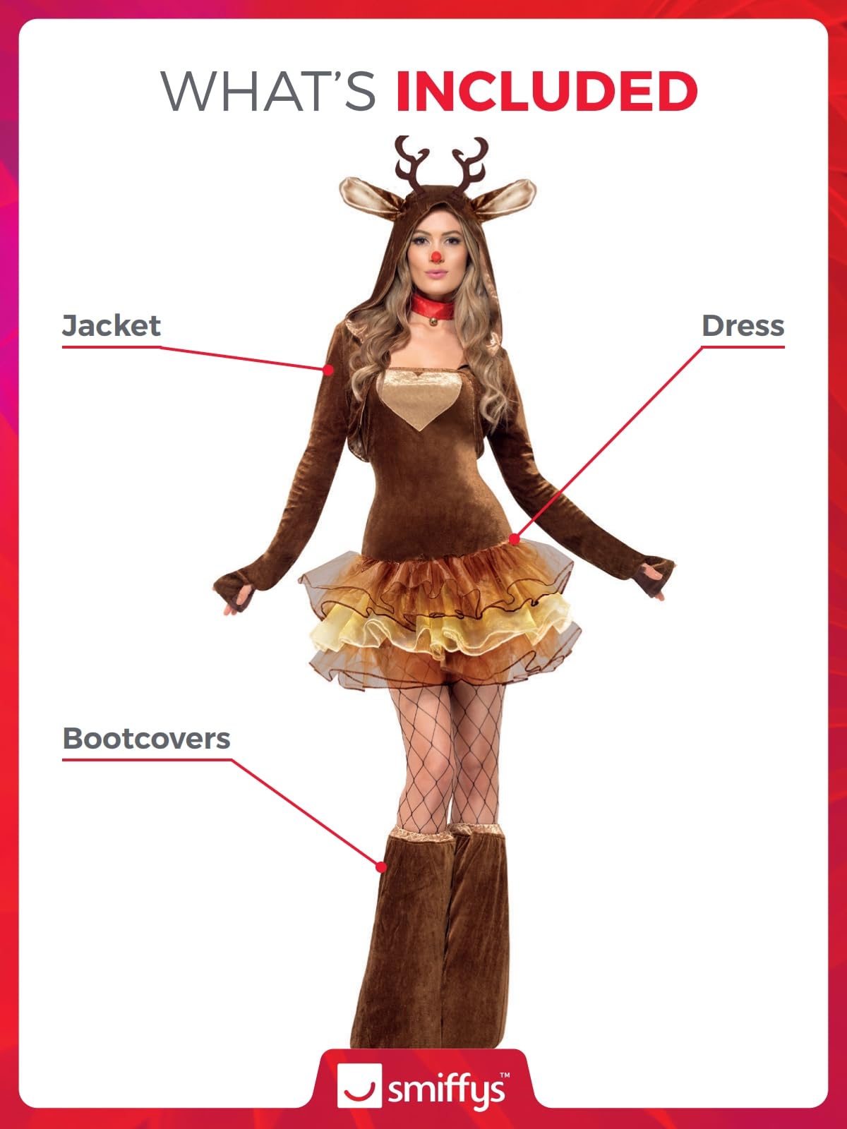 Costum de ren Smiffys Fever cu rochie tutu, bretele detașabile, jachetă și cizme pentru adulti, marimea