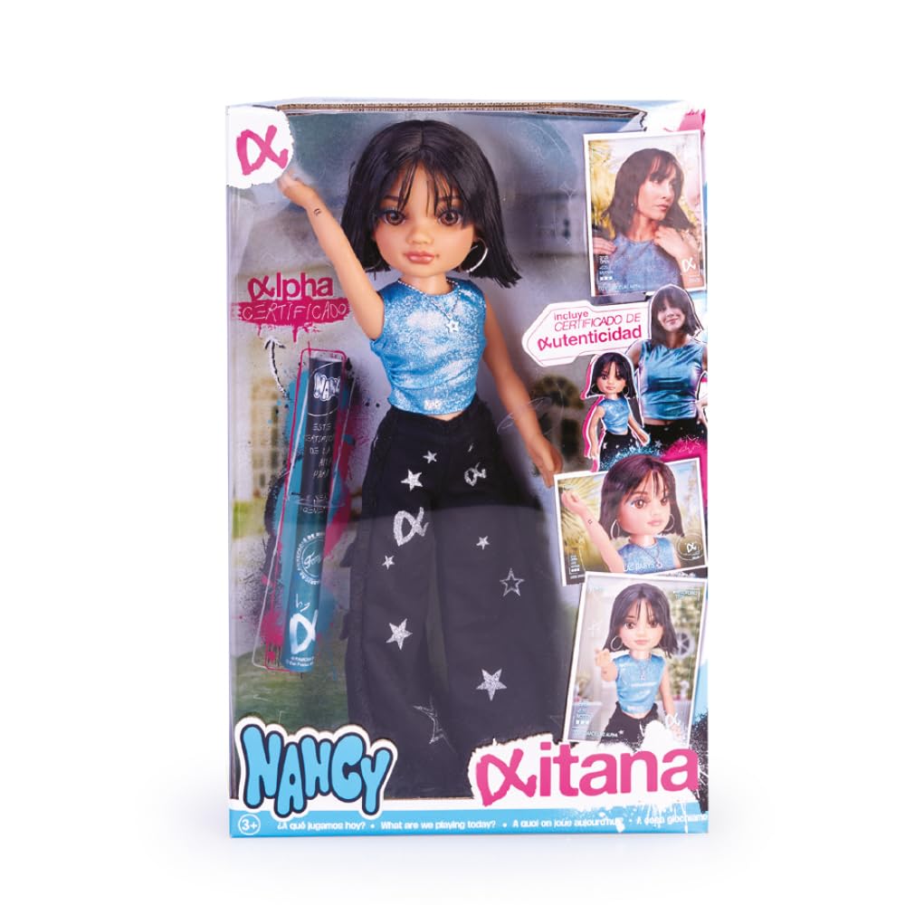 Nancy Aitana, păpușa ca artista, păr castaniu scurt cu breton, set Era Alpha de La Babys, cu accesorii și detalii autentice, pentru băieți și fete de la 3 ani, Famosa (NAC60000)