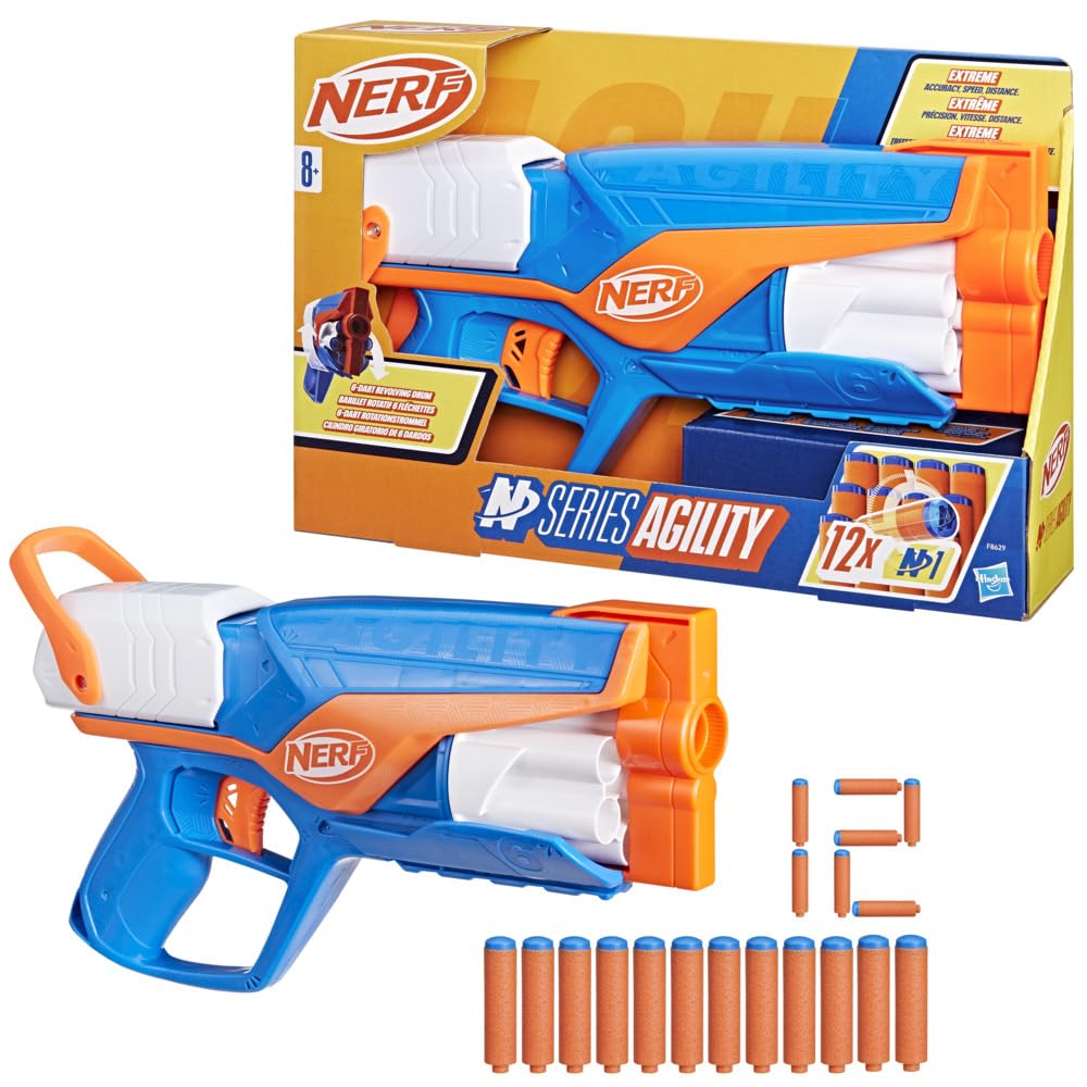 Blaster Nerf N Series Agility, construcție ușoară cu tambur rotativ și glisieră pentru o rază lungă de acțiune, 12 săgeți Nerf, pentru băieți și fete.