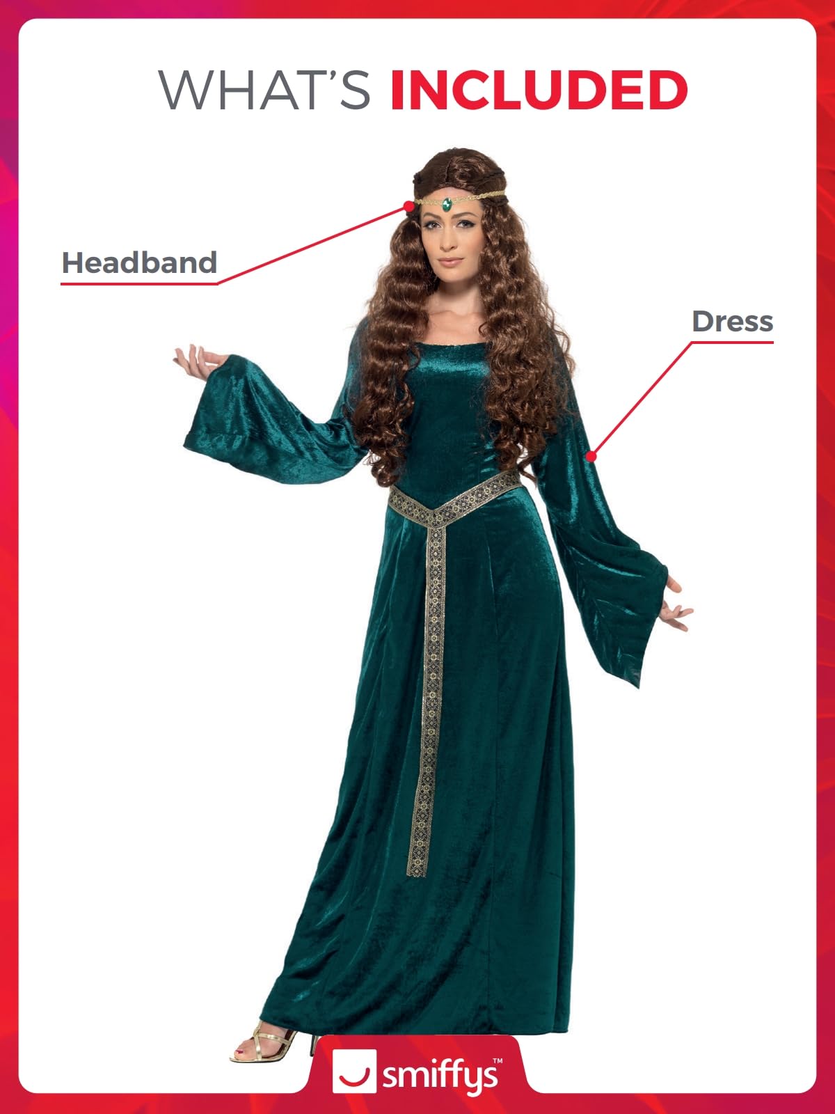 Costum de Domniță Medievală Smiffys, Verde, cu Rochie și Accesorii pentru Cap