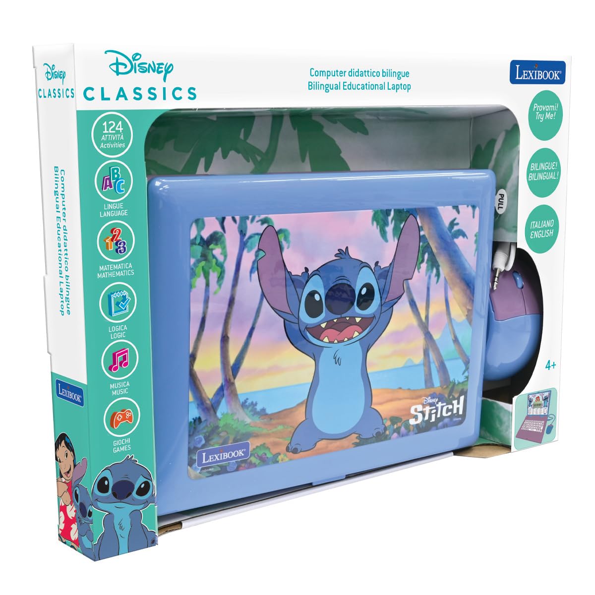 Lexibook, Disney Stitch, Computer educativ bilingv Italian/Englez, Jucărie pentru copii cu 124 activități și jocuri de limbă, scriere, matematică, logică, muzică.