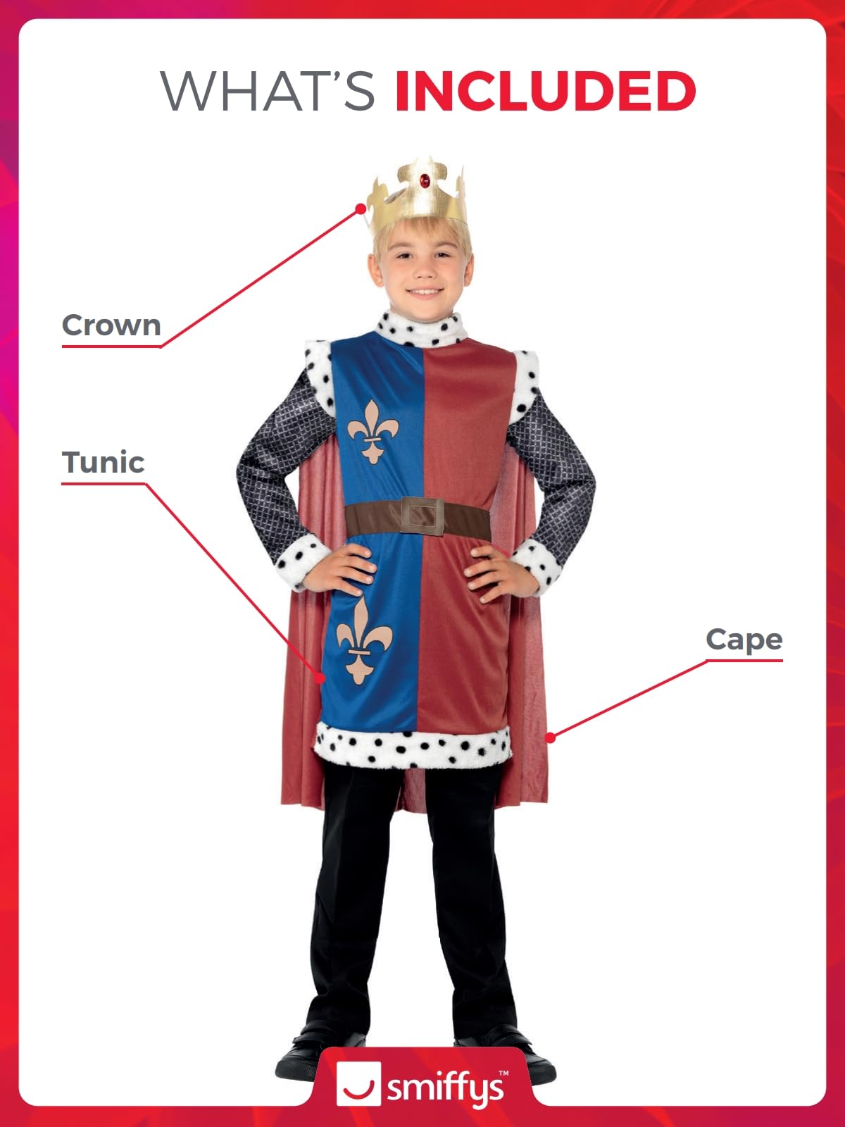 Costum de Rege Arthur Smiffys, roșu, cu mantie, coroana și tunică cu blazon