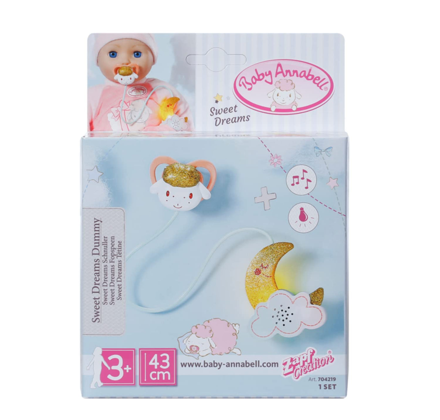 Baby Annabell Sweet Dreams, suzetă cu funcție de lumină și sunet, alb și auriu, 704219 Zapf Creation