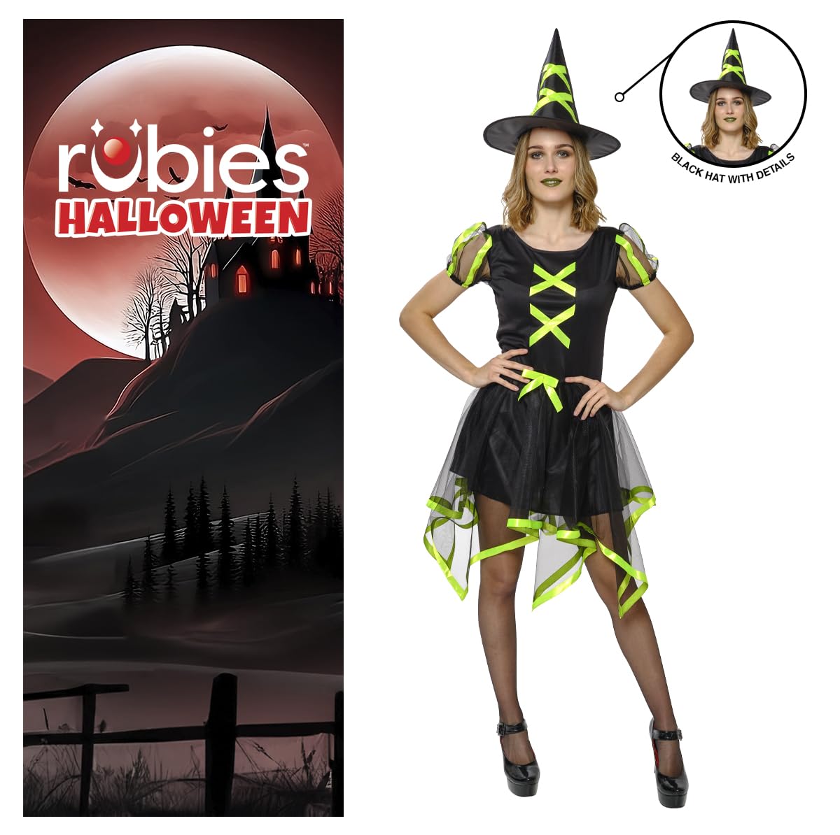 Costum de vrăjitoare Cuca Neon pentru femei, rochie și pălărie, culoare verde, oficial Rubies pentru Halloween, carnaval, petreceri și cosplay.