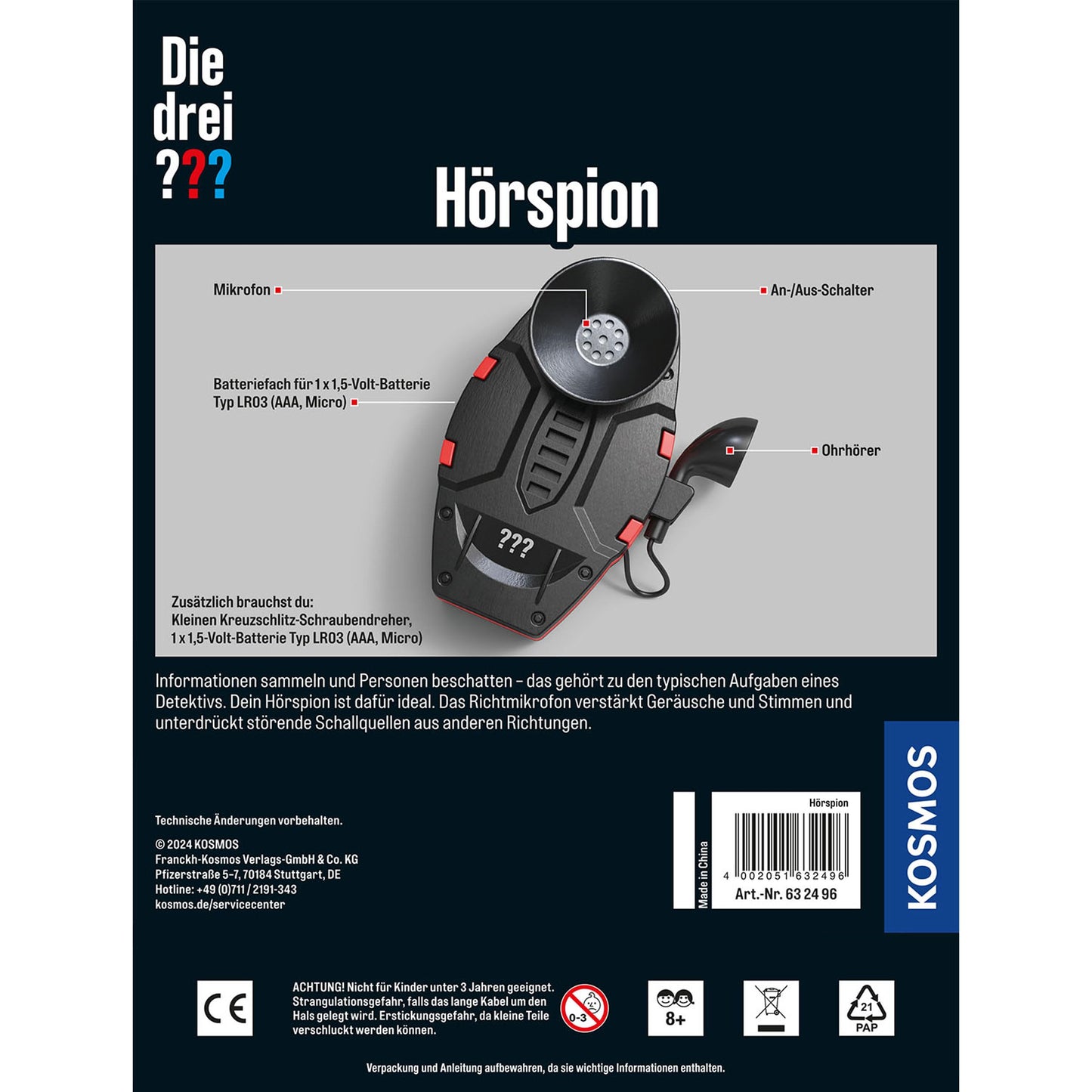 Detectivii - Set de spionaj audio KOSMOS 632496, Jucărie Detective Gadget, Echipament de agenți pentru copii de la 8 ani, Jucărie Trei Întrebări, Echipament de detectiv, Set de detectiv