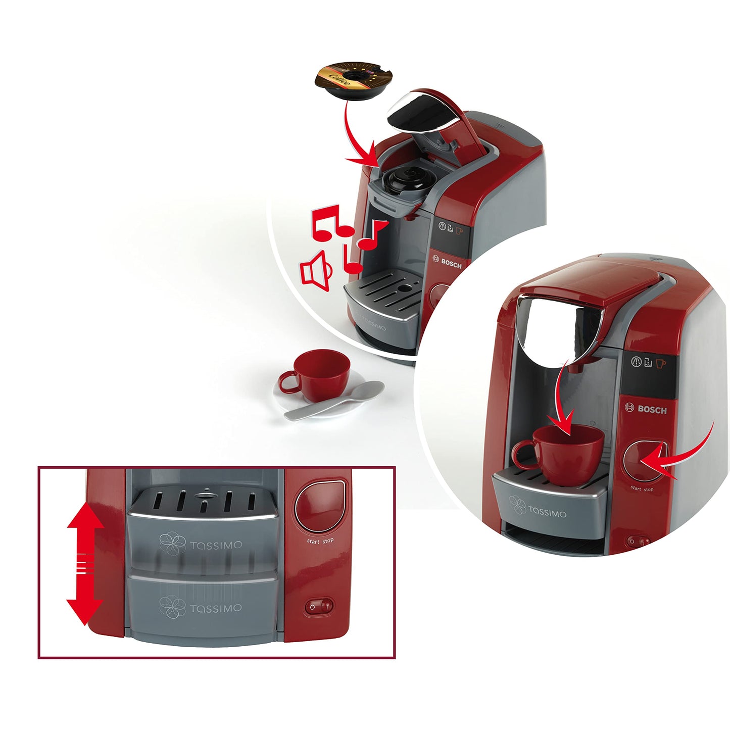 Theo Klein 9543 Bosch Tassimo Cafetieră | Cu posibilitate de umplere cu apă și circuit de apă cu sunet | Inclus set de espresso | Dimensiuni: 20 cm x 16 cm x 20 cm | Jucărie pentru copii de la 3 ani