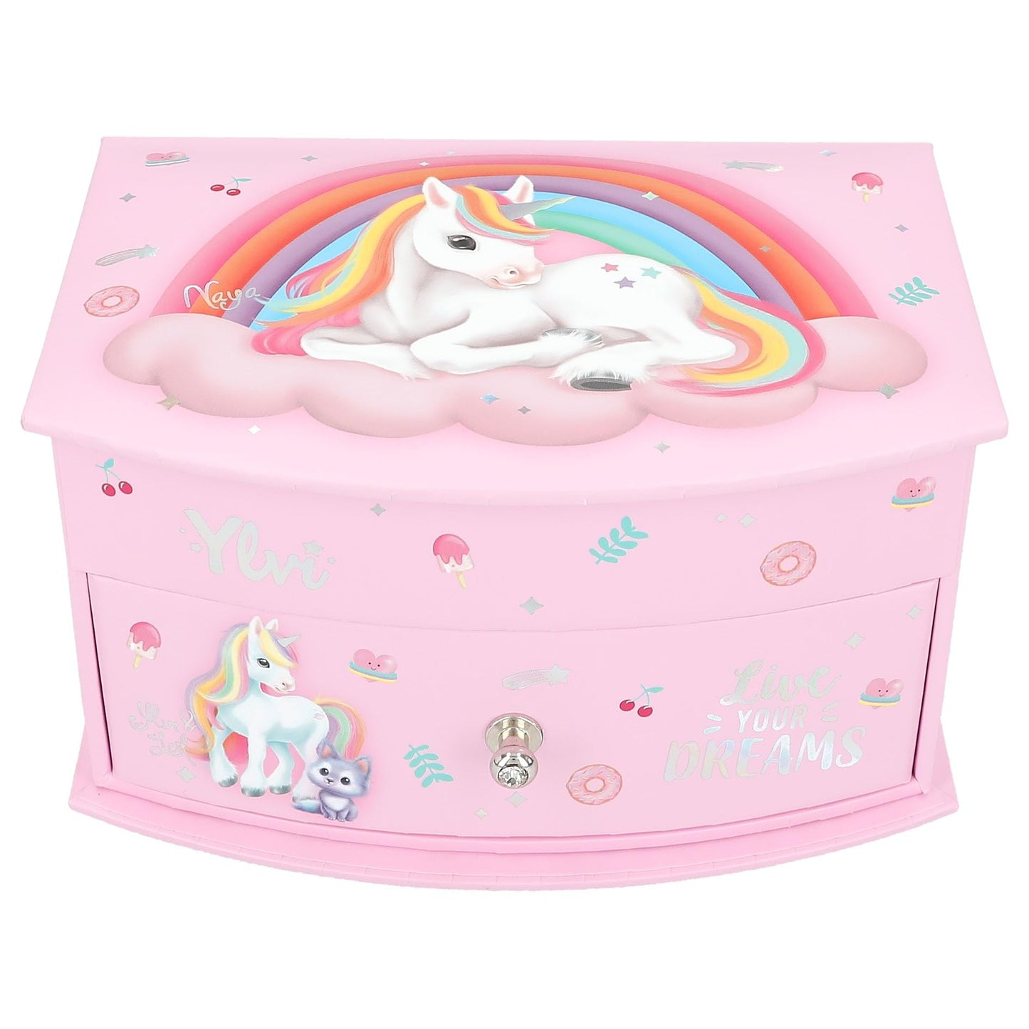 Depesche 13203 Ylvi - Cutie mică pentru bijuterii roz, cu motiv de unicorn și model, cutie de bijuterii cu capac pliabil și oglindă