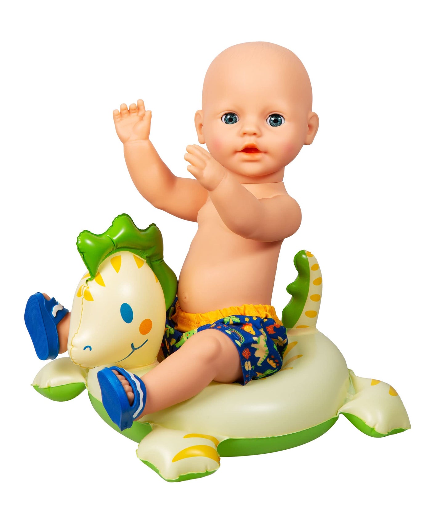 Set de înot Heless 22 pentru păpuși în design cu dinozauri, 3 piese: costum de baie, papuci și colac, pentru păpuși de 35-45 cm, distracție la baie în zilele călduroase de vară.