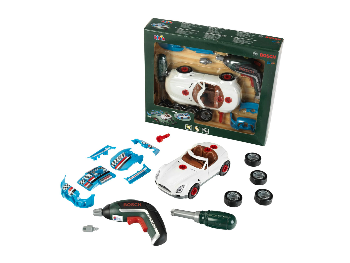 Theo Klein 8630 Set de Tuning Auto Bosch | Mașină demontabilă cu accesorii de tuning | Cu șurubelniță cu acumulator | Dimensiuni ambalaj: 30cm x 6,5cm x 25cm | Jucărie motrică | Jucărie pentru copii de la 3 ani