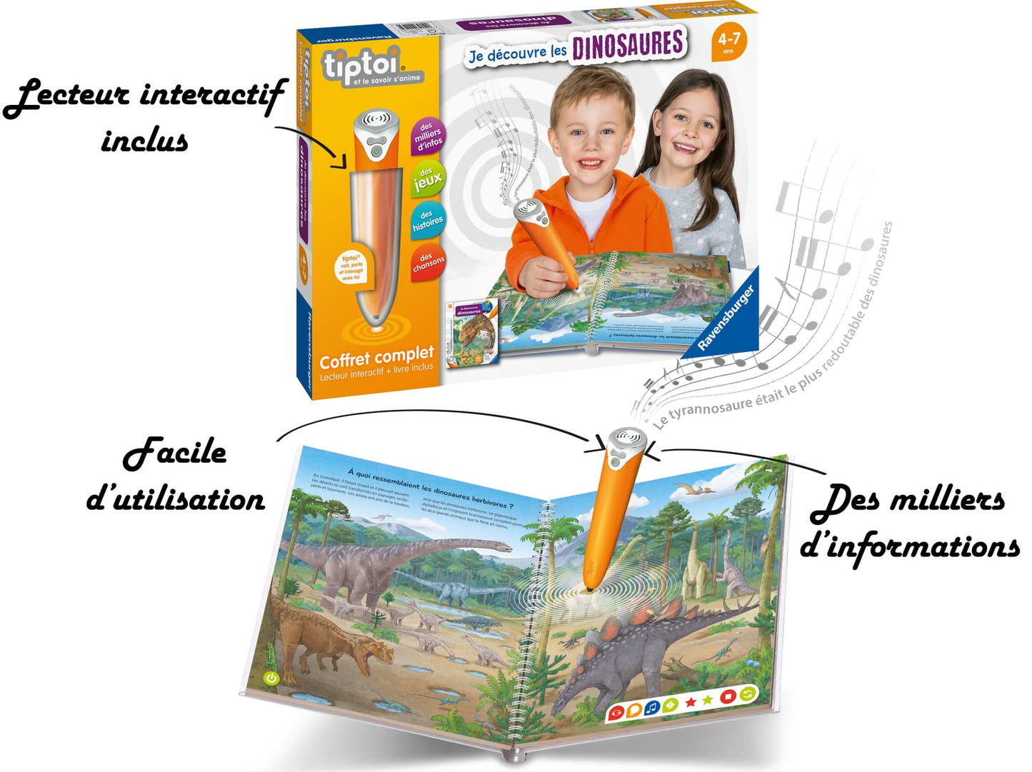 Ravensburger tiptoi® – Set complet cu player interactiv + carte „Descopăr dinozaurii” – joc educativ electronic, fără ecran – de la 4 ani – versiune în limba franceză – 00 143