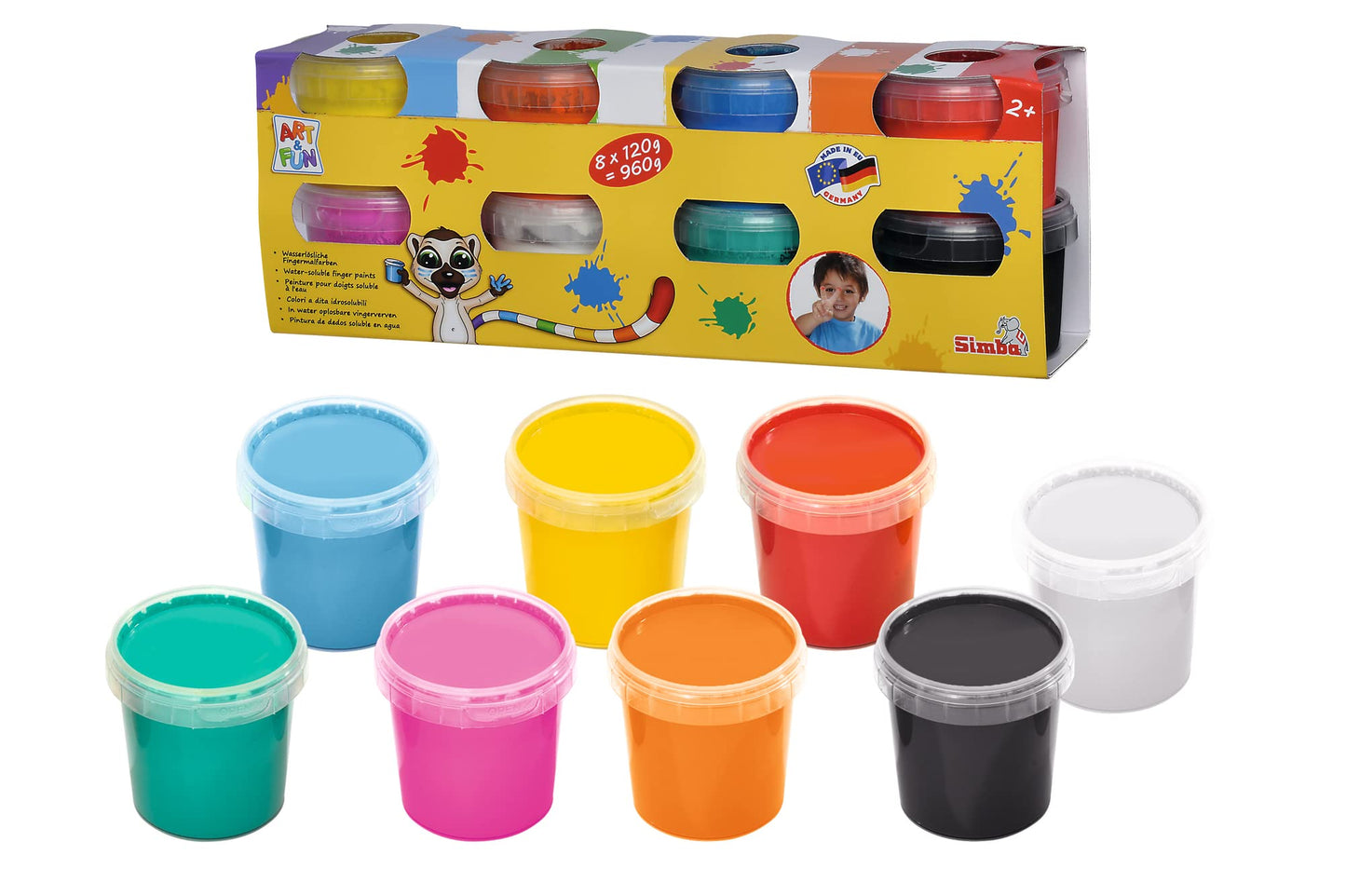 Simba 106334439 - Art & Fun Vopsea pentru degete, 8x 120g, culori: alb, albastru, verde, portocaliu, negru, roșu, roz, galben, recomandat de la 2 ani