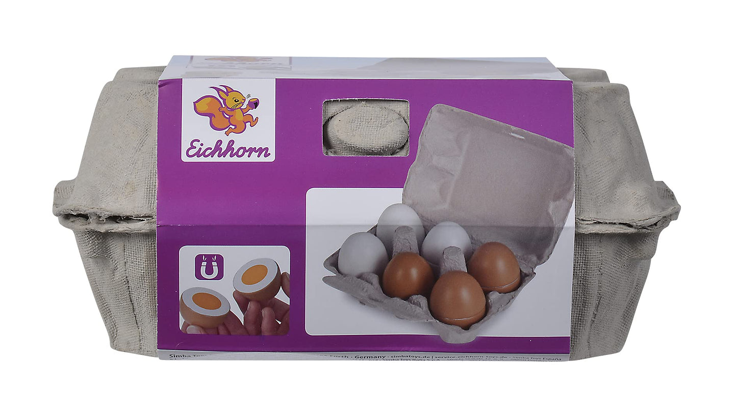 Eichhorn 100003737 - Cutie cu 6 ouă, 3 cu funcție magnetică, 10,5x16x7cm, accesorii pentru magazin de jucării, lemn de mesteacăn