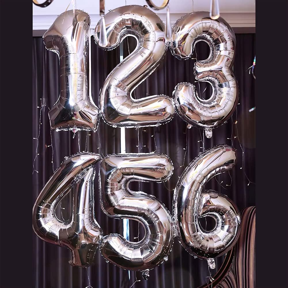 Balonii cu numere Ponmoo 25/52 Argintii, Răsuciti 0-100, Folienballons pentru Nuntă, Aniversare, Petrecere de Naștere