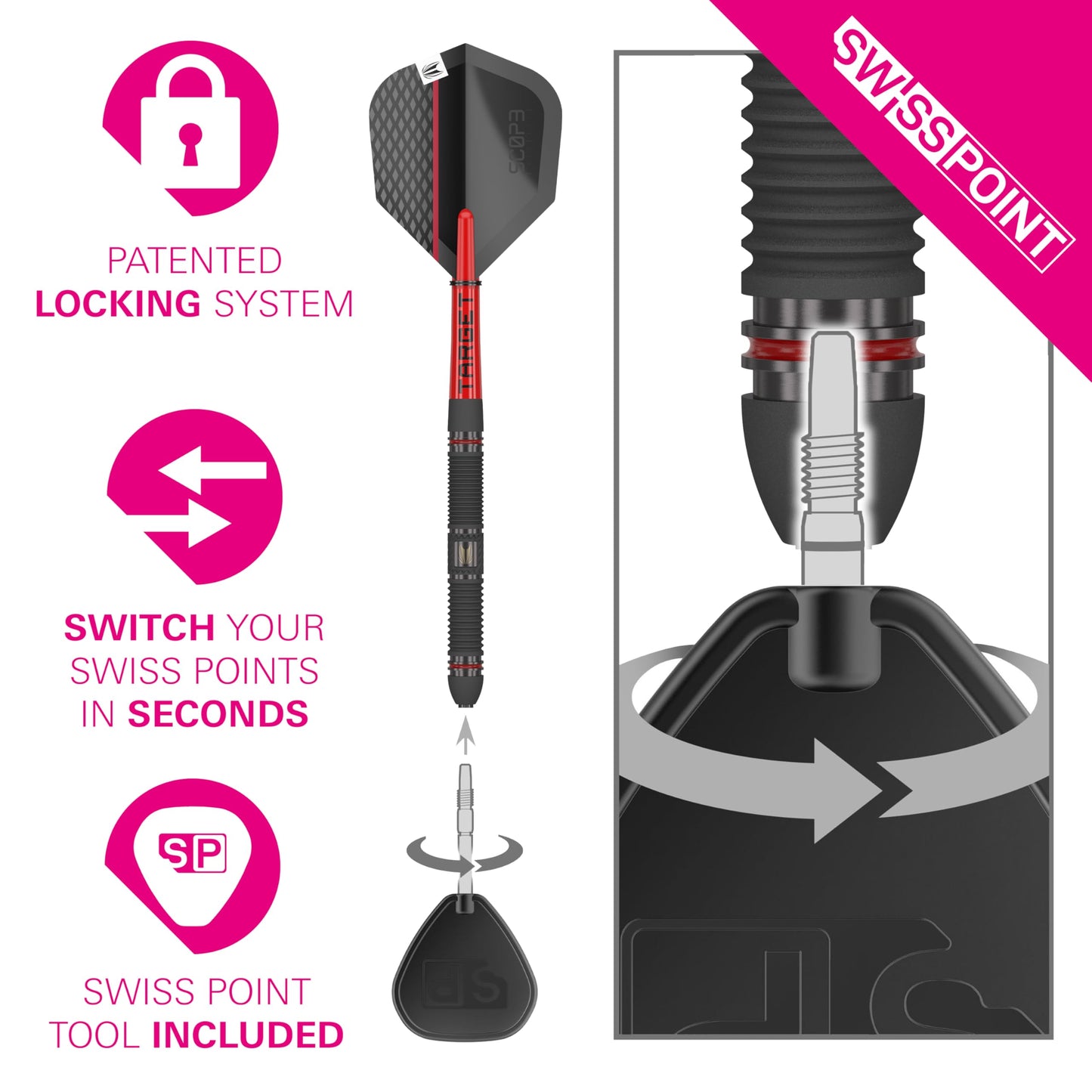 Set de Steeldarts Target Darts Scope Swiss Point, 90% Tungsten, 22G | Darts Profesionale Roșii și Negre, cu Swiss Points și Unelte