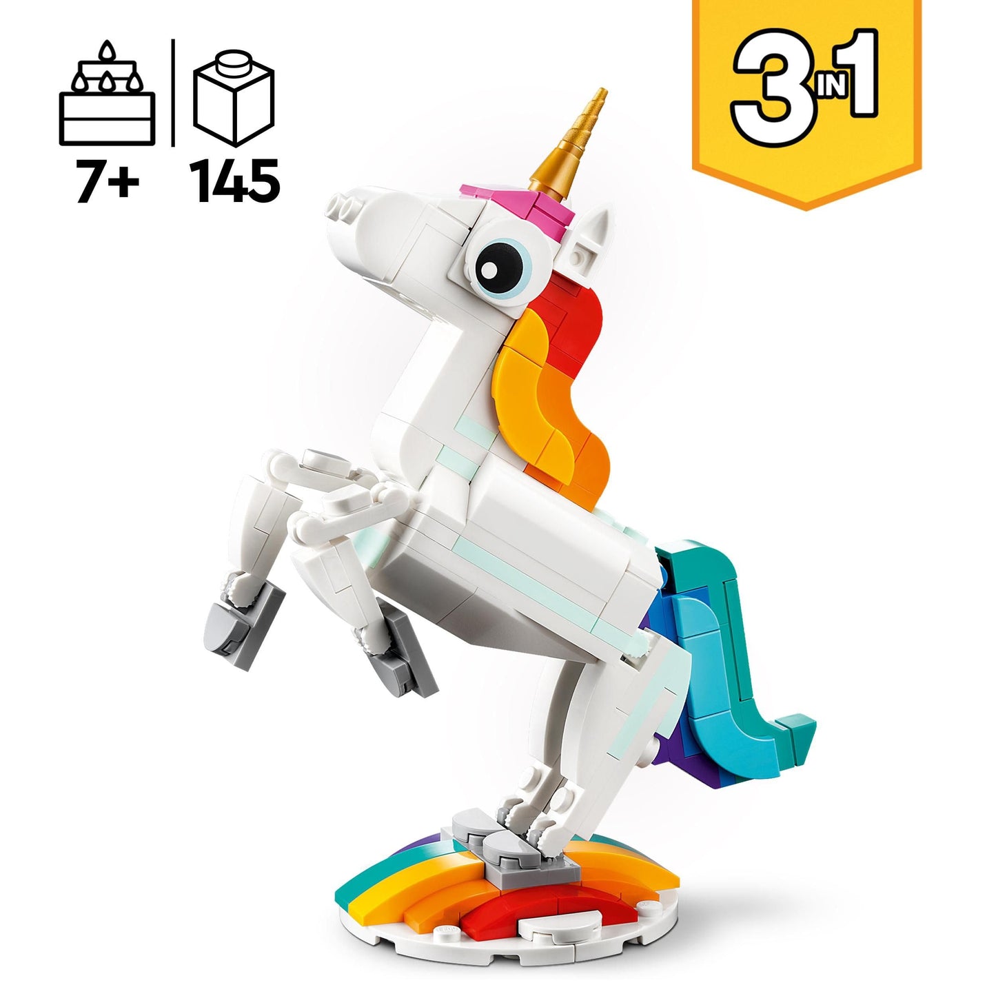 LEGO Creator 3-in-1 Unicorn Magic - Jucărie cu Minifigurine - Figurina de animal se transformă într-un Seahorse sau un Păun - 31140