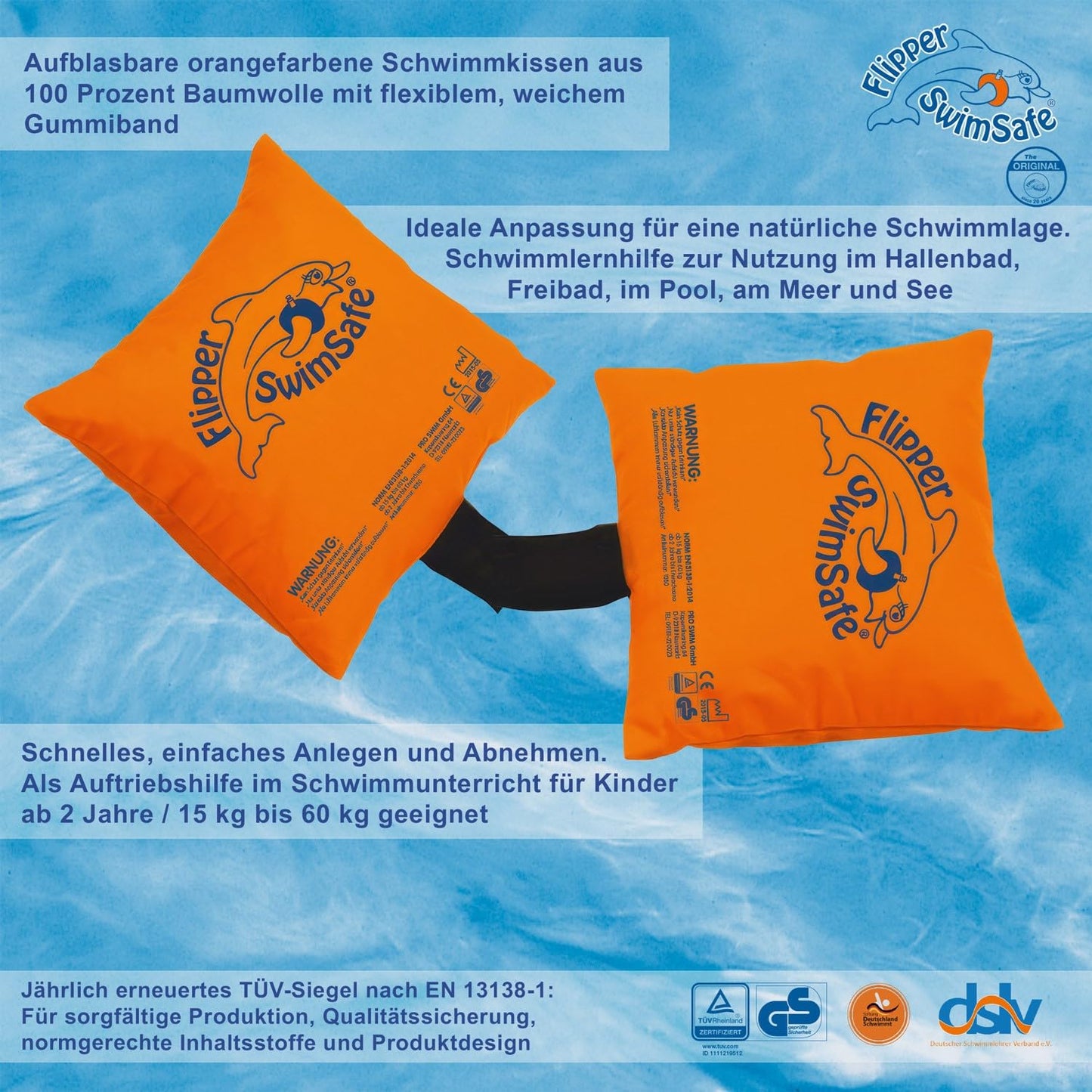 SwimSafe 1080 - Pernă de înot pentru copii mici din bumbac, ajutor de înot sigur cu bandă elastică reglabilă pentru învățarea înotului