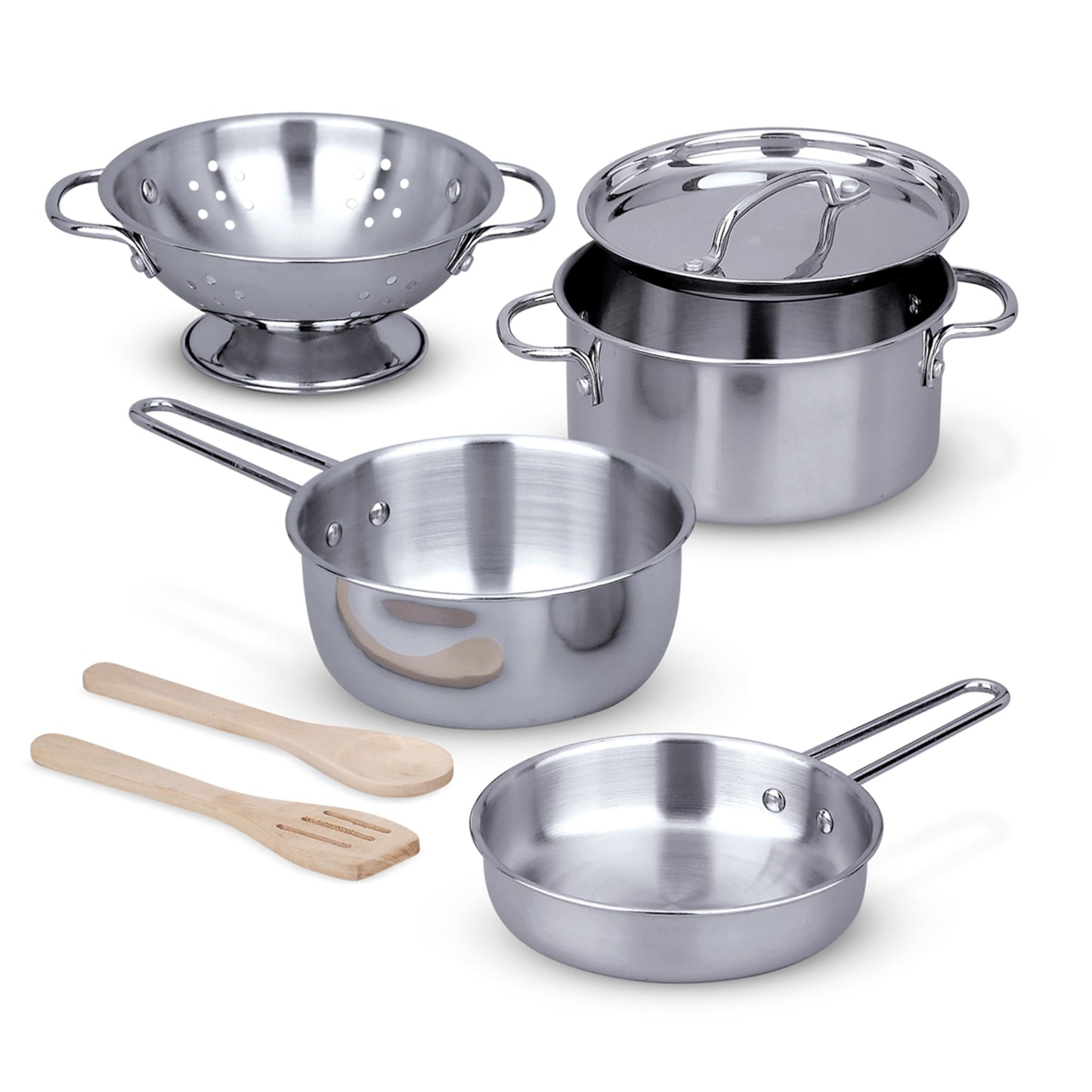 Set de oale din oțel inoxidabil Melissa & Doug, 8 piese, cu sită, oală cu capac, 2 tigăi, lingură de lemn și spatulă, pentru copii de la 3 ani.