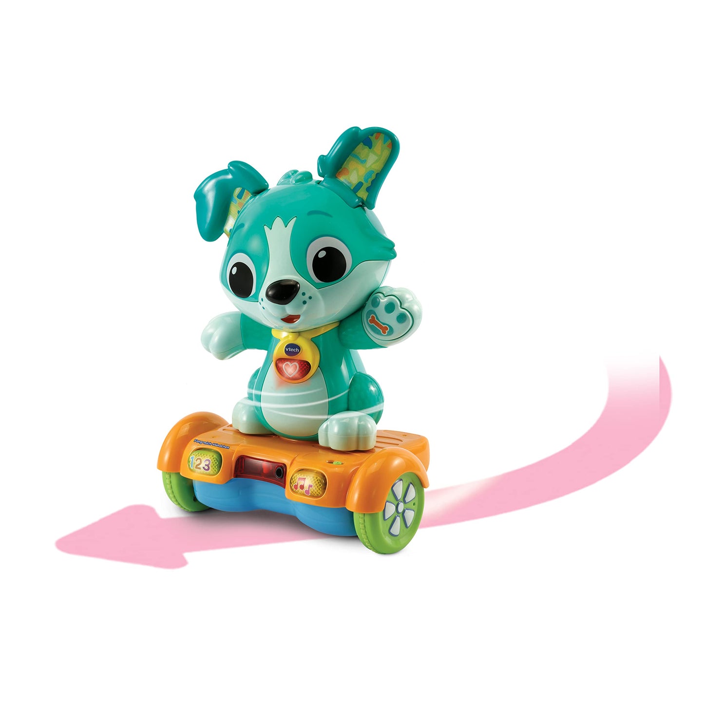 VTech Baby Câine Fang-mich – Hoverboard animat pentru mișcare – Cu urechi care se mișcă, melodii, sunete și conținut educativ – Pentru copii de 12-36 luni